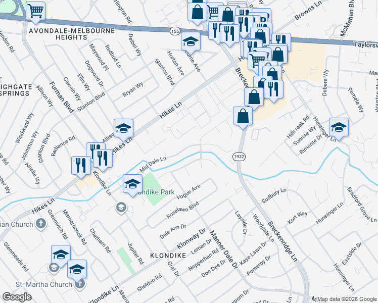 map of restaurants, bars, coffee shops, grocery stores, and more near 3222 Mid Dale Lane in Louisville