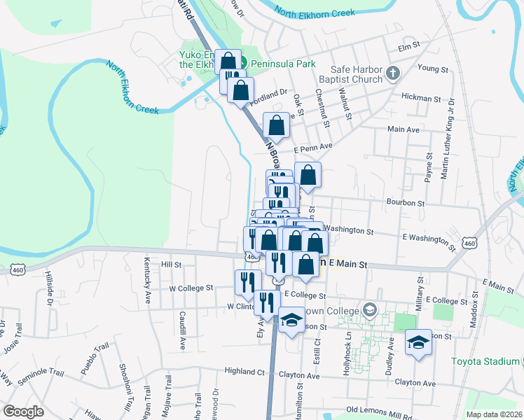 map of restaurants, bars, coffee shops, grocery stores, and more near 209 West Jefferson Street in Georgetown