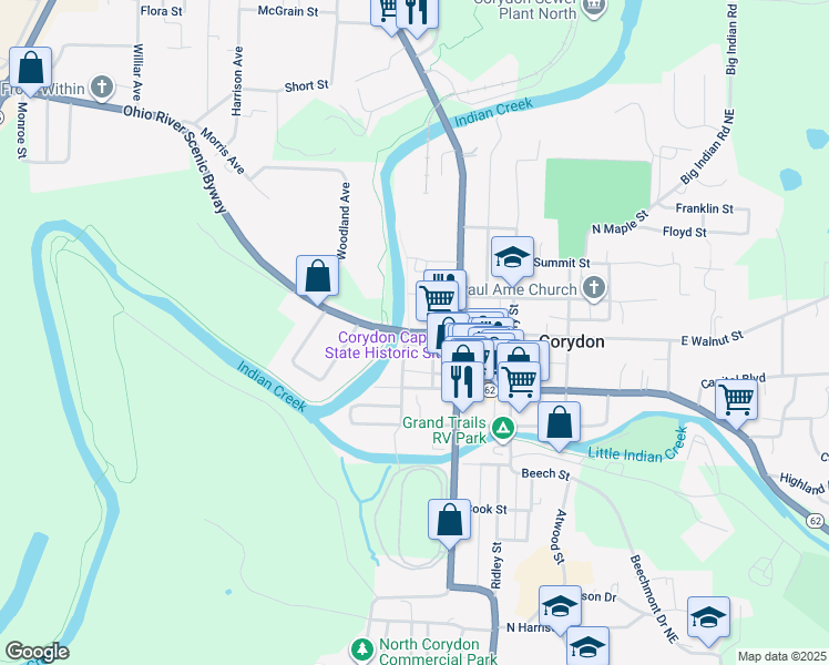 map of restaurants, bars, coffee shops, grocery stores, and more near 207 West Walnut Street in Corydon