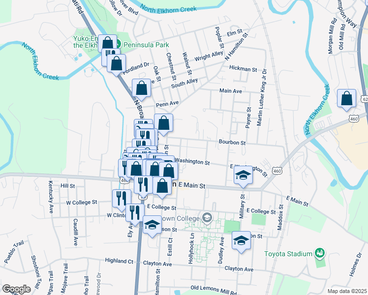 map of restaurants, bars, coffee shops, grocery stores, and more near 232 North Mulberry Street in Georgetown