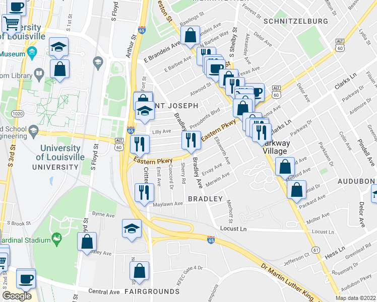 map of restaurants, bars, coffee shops, grocery stores, and more near in Louisville