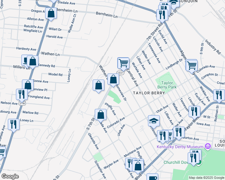 map of restaurants, bars, coffee shops, grocery stores, and more near in Louisville