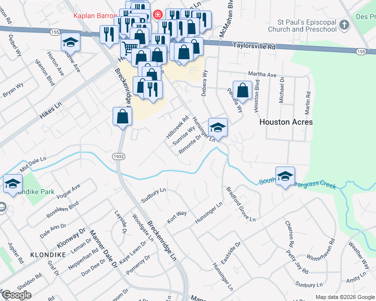 map of restaurants, bars, coffee shops, grocery stores, and more near 7405 Diehl Court in Louisville
