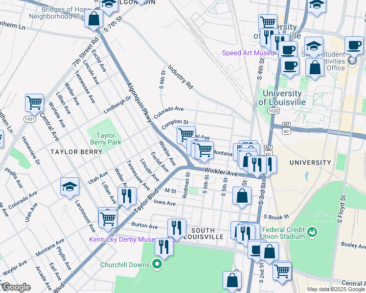 map of restaurants, bars, coffee shops, grocery stores, and more near 719 Algonquin Parkway in Louisville