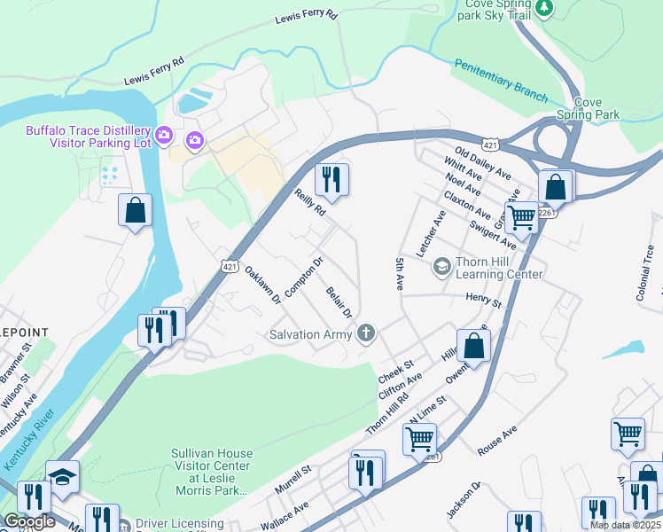 map of restaurants, bars, coffee shops, grocery stores, and more near 132 Cody Pass in Frankfort