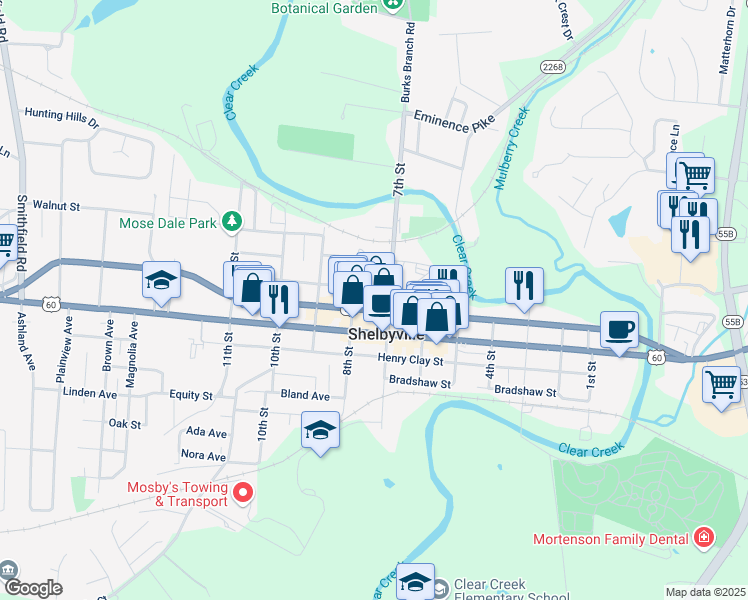 map of restaurants, bars, coffee shops, grocery stores, and more near 713 Washington Street in Shelbyville