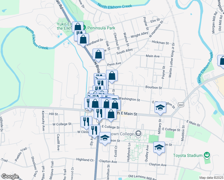 map of restaurants, bars, coffee shops, grocery stores, and more near 219 North Hamilton Street in Georgetown