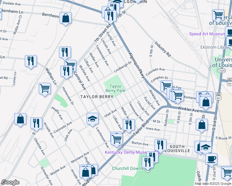 map of restaurants, bars, coffee shops, grocery stores, and more near 2400 Colorado Avenue in Louisville