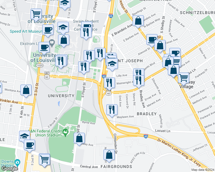 map of restaurants, bars, coffee shops, grocery stores, and more near 2352 Crittenden Drive in Louisville