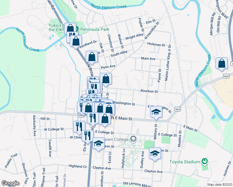 map of restaurants, bars, coffee shops, grocery stores, and more near 232 N Mulberry St in Georgetown