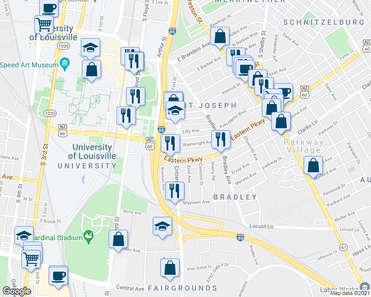 map of restaurants, bars, coffee shops, grocery stores, and more near 512 Wainwright Avenue in Louisville