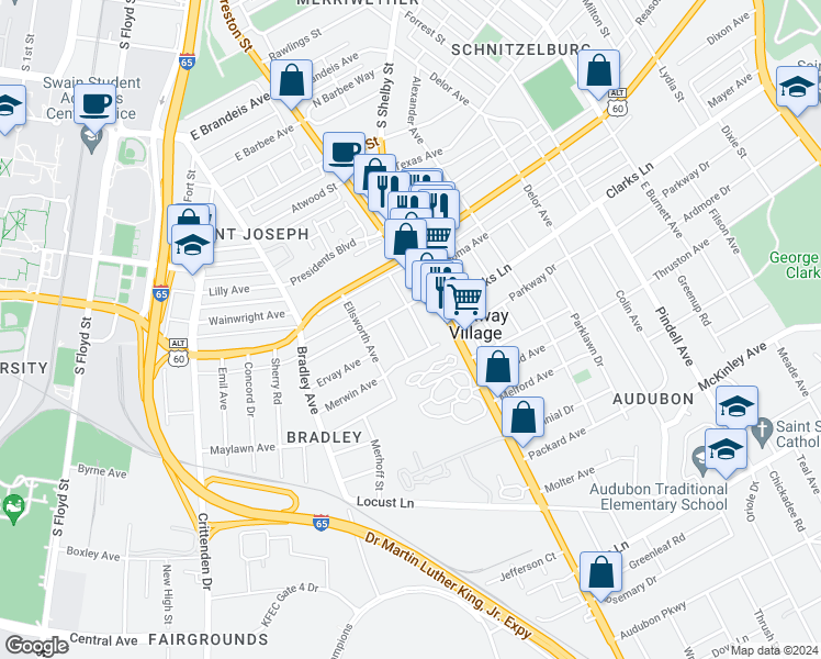 map of restaurants, bars, coffee shops, grocery stores, and more near 2412 Mount Claire Avenue in Louisville