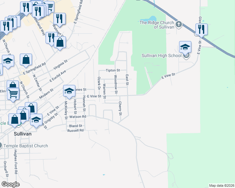 map of restaurants, bars, coffee shops, grocery stores, and more near 703 East Vine Street in Sullivan