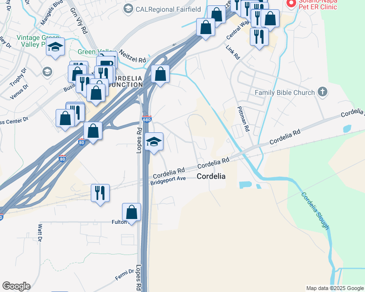 map of restaurants, bars, coffee shops, grocery stores, and more near 3599 Ritchie Road in Fairfield