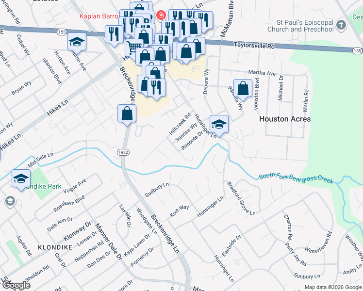 map of restaurants, bars, coffee shops, grocery stores, and more near 3803 Rimonte Drive in Louisville