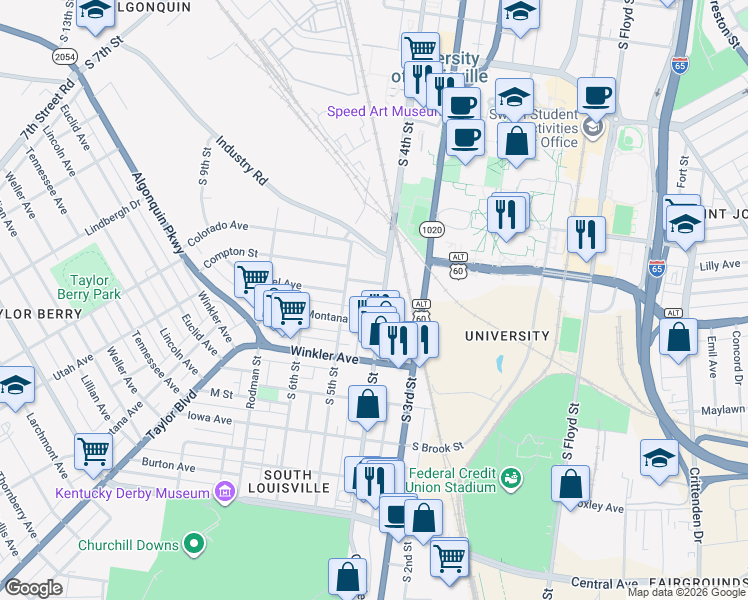 map of restaurants, bars, coffee shops, grocery stores, and more near 2506 South 4th Street in Louisville