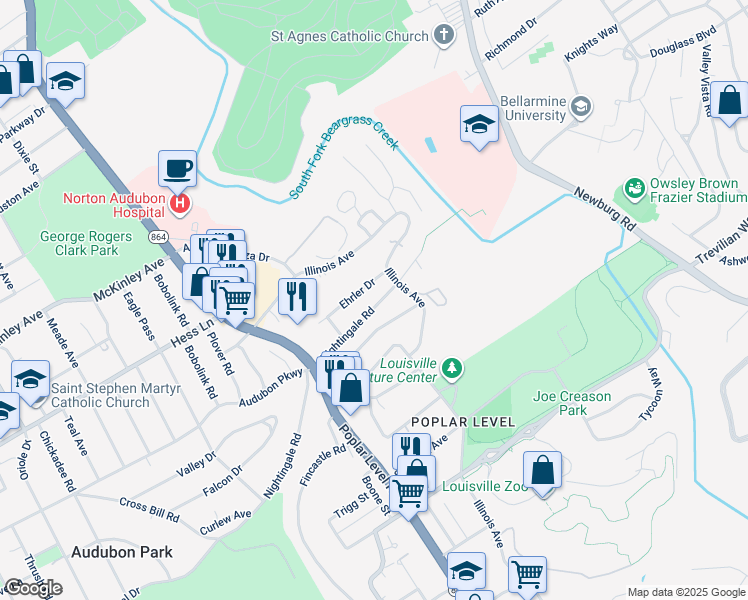 map of restaurants, bars, coffee shops, grocery stores, and more near 1625 Nightingale Road in Louisville