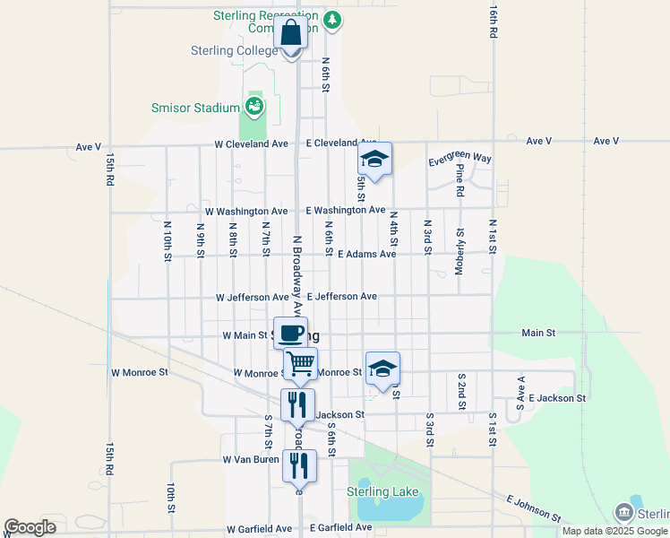 map of restaurants, bars, coffee shops, grocery stores, and more near 222 North 6th Street in Sterling