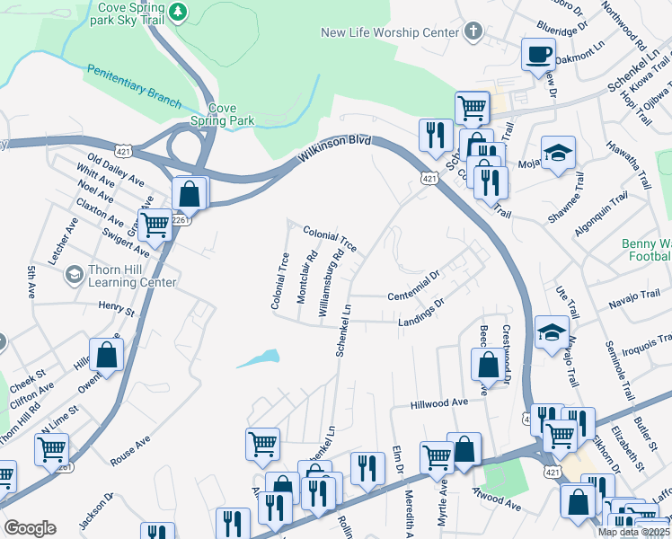 map of restaurants, bars, coffee shops, grocery stores, and more near 553 Williamsburg Road in Frankfort