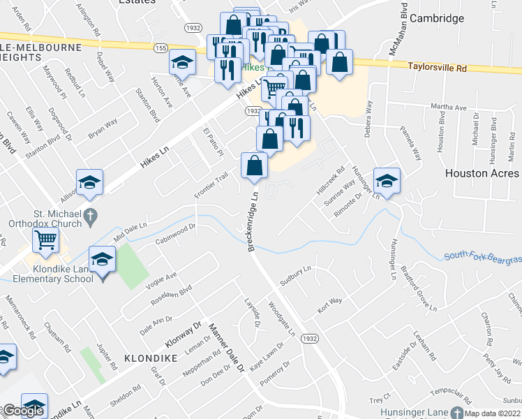 map of restaurants, bars, coffee shops, grocery stores, and more near 3101 Kentucky 1932 in Louisville