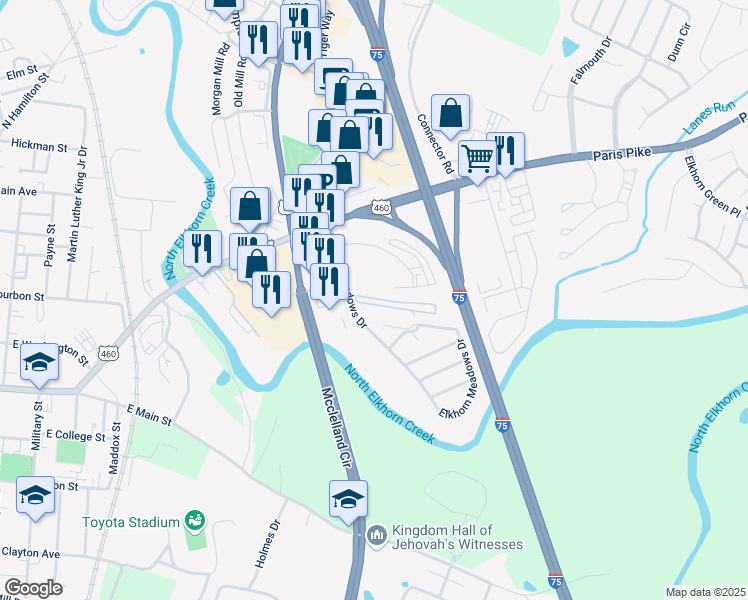 map of restaurants, bars, coffee shops, grocery stores, and more near 159 Elkhorn Meadows Drive in Georgetown