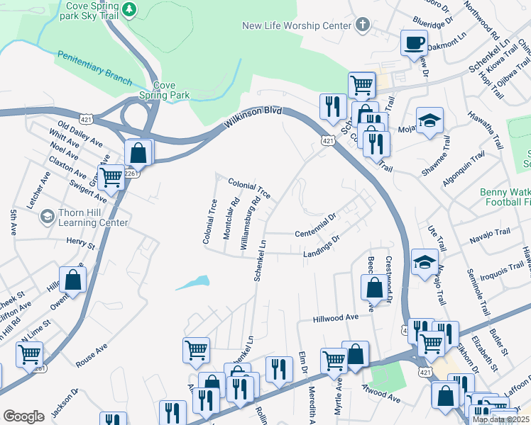 map of restaurants, bars, coffee shops, grocery stores, and more near 553 Williamsburg Road in Frankfort