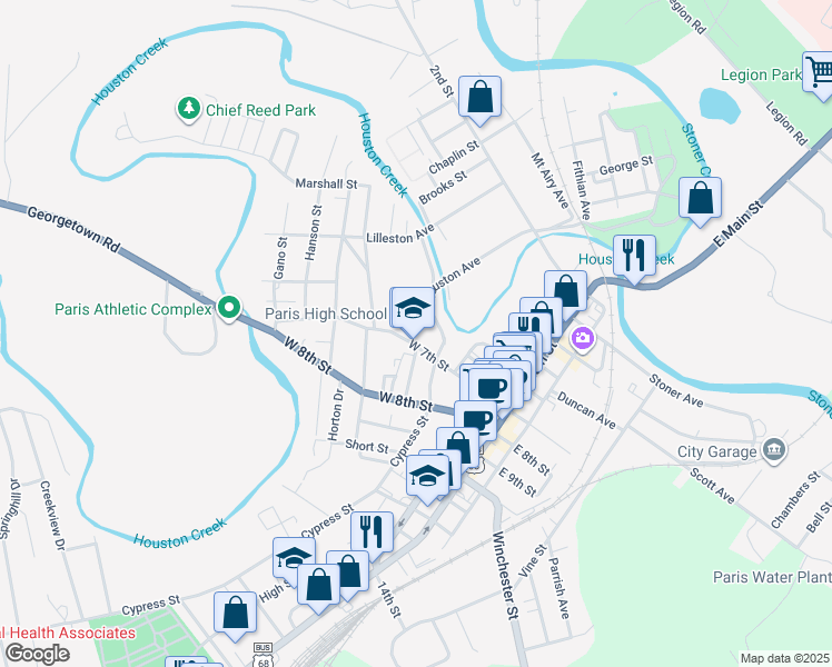 map of restaurants, bars, coffee shops, grocery stores, and more near 308 West 7th Street in Paris