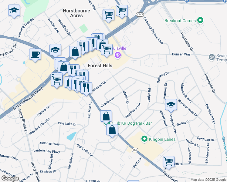 map of restaurants, bars, coffee shops, grocery stores, and more near 2307 Janlyn Road in Jeffersontown