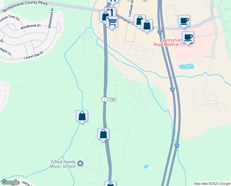 map of restaurants, bars, coffee shops, grocery stores, and more near 4811 Wildroot Lane in Fredericksburg