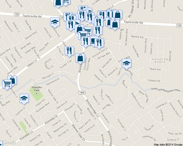 map of restaurants, bars, coffee shops, grocery stores, and more near 3611 Hillcreek Road in Louisville