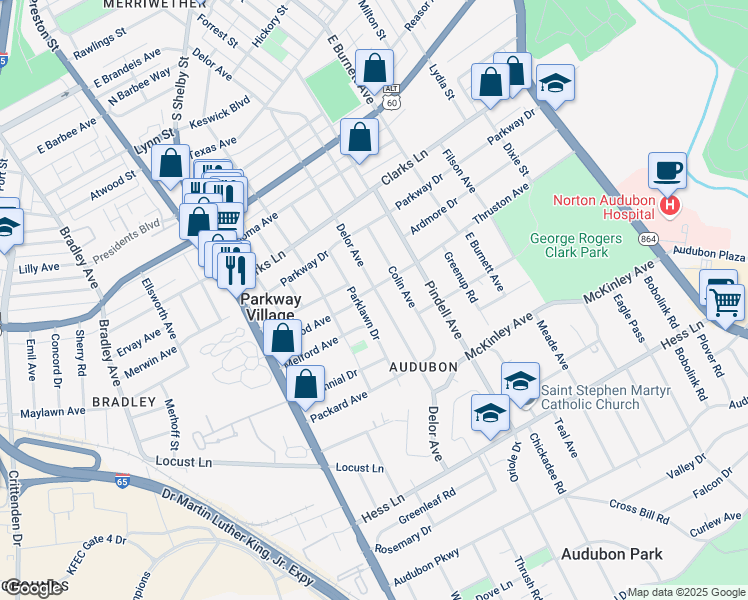map of restaurants, bars, coffee shops, grocery stores, and more near 2702 Delor Avenue in Louisville