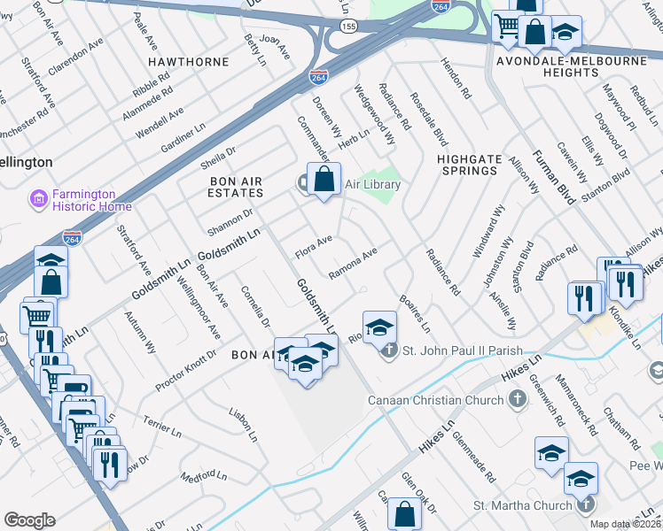 map of restaurants, bars, coffee shops, grocery stores, and more near 3521 Ramona Avenue in Louisville