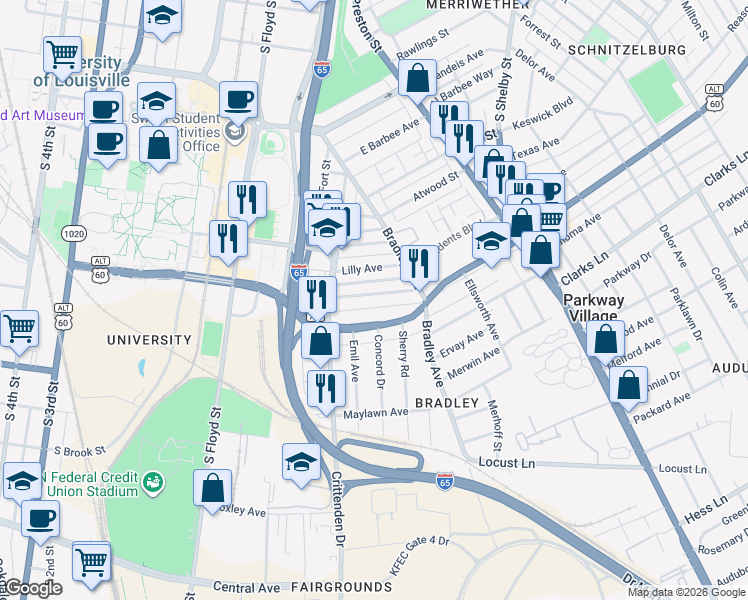 map of restaurants, bars, coffee shops, grocery stores, and more near 542 Wainwright Avenue in Louisville