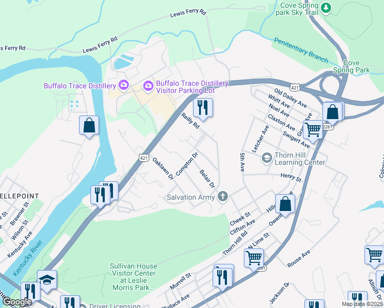 map of restaurants, bars, coffee shops, grocery stores, and more near 120 Compton Drive in Frankfort