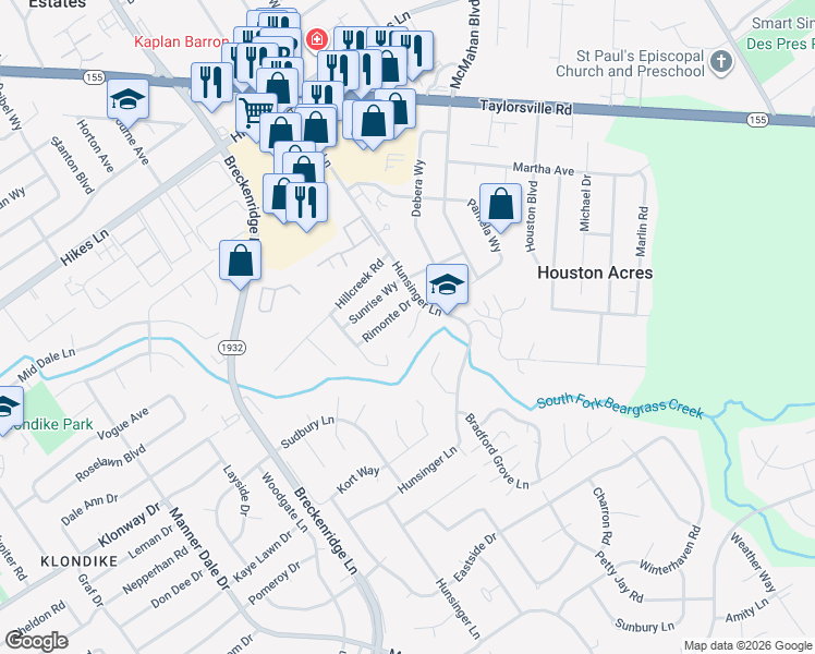map of restaurants, bars, coffee shops, grocery stores, and more near 7405 Diehl Court in Louisville