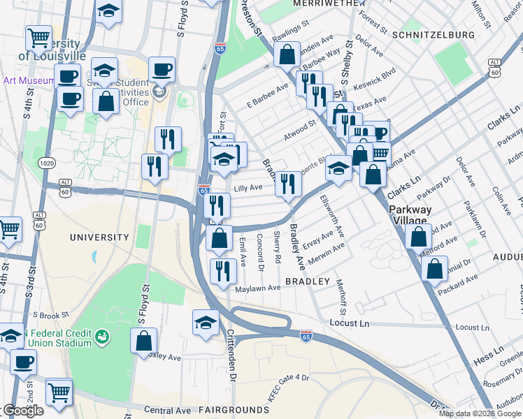 map of restaurants, bars, coffee shops, grocery stores, and more near 542 Wainwright Avenue in Louisville