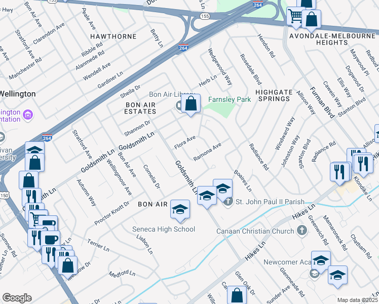 map of restaurants, bars, coffee shops, grocery stores, and more near 3521 Ramona Avenue in Louisville