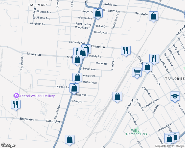 map of restaurants, bars, coffee shops, grocery stores, and more near 1711 Glenview Place in Louisville