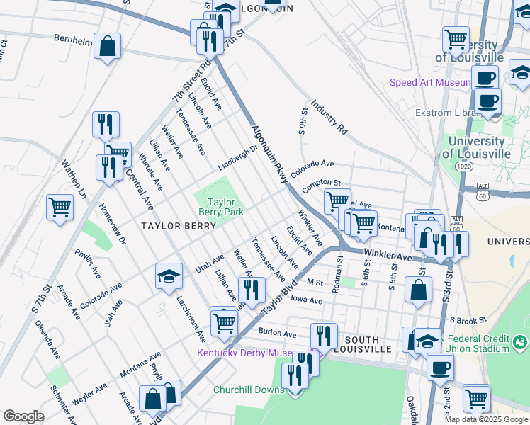 map of restaurants, bars, coffee shops, grocery stores, and more near 1117 Lincoln Avenue in Louisville
