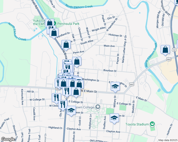map of restaurants, bars, coffee shops, grocery stores, and more near 232 North Mulberry Street in Georgetown