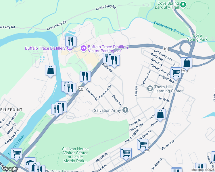 map of restaurants, bars, coffee shops, grocery stores, and more near 120 Compton Drive in Frankfort