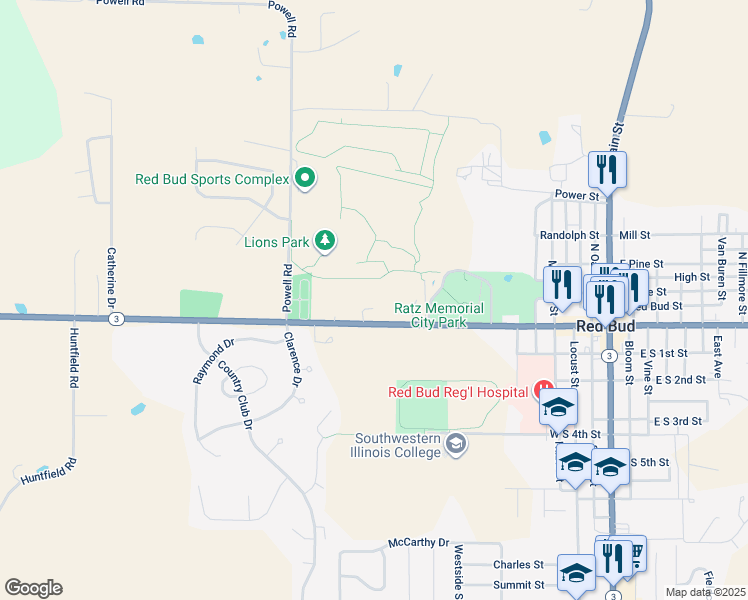 map of restaurants, bars, coffee shops, grocery stores, and more near 130 Brookview Drive in Red Bud