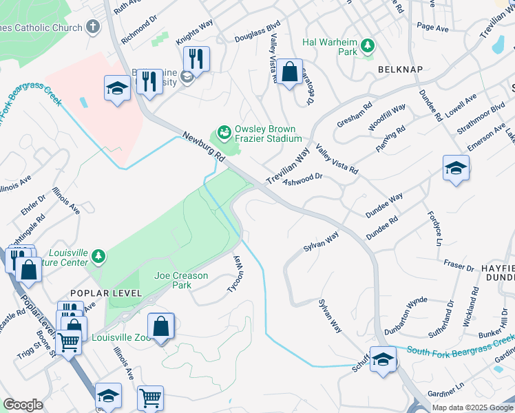 map of restaurants, bars, coffee shops, grocery stores, and more near 1522 Thackeray Drive in Louisville