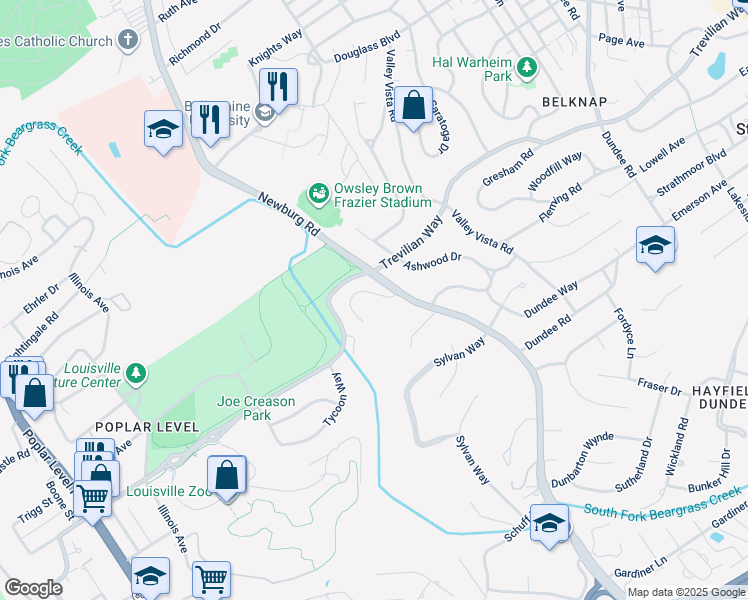 map of restaurants, bars, coffee shops, grocery stores, and more near 1522 Thackeray Drive in Louisville