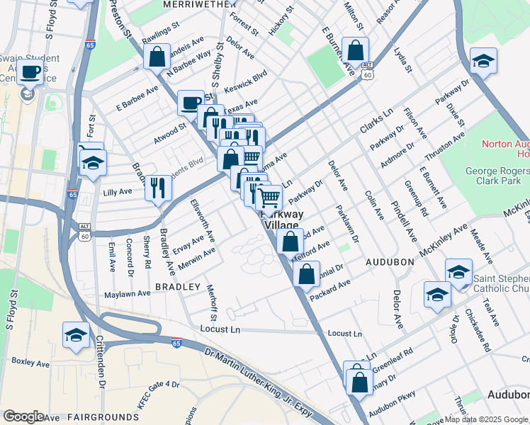 map of restaurants, bars, coffee shops, grocery stores, and more near in Parkway Village