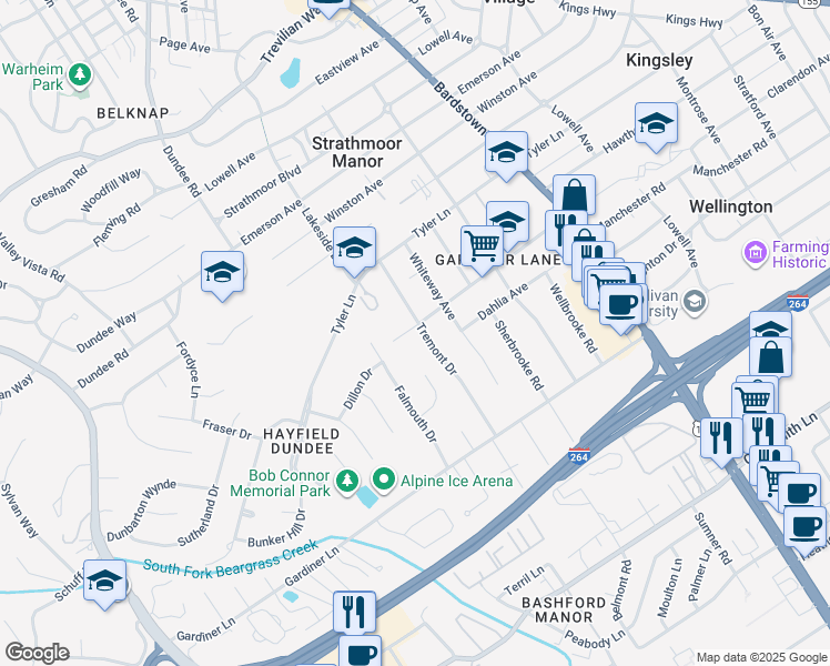map of restaurants, bars, coffee shops, grocery stores, and more near 2900 Tremont Drive in Louisville