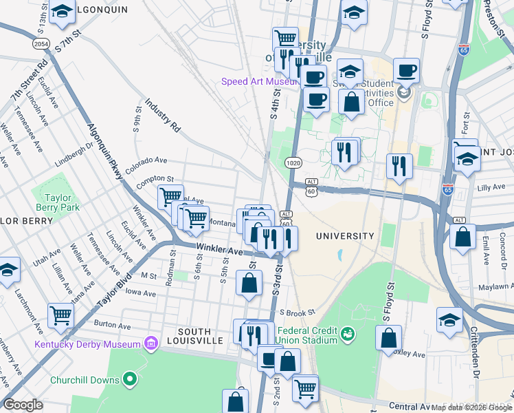 map of restaurants, bars, coffee shops, grocery stores, and more near 2506 South 4th Street in Louisville