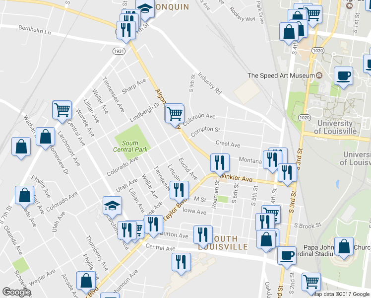 map of restaurants, bars, coffee shops, grocery stores, and more near 1000 Winkler Avenue in Louisville