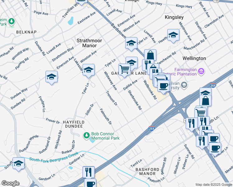 map of restaurants, bars, coffee shops, grocery stores, and more near 2910 Whiteway Avenue in Louisville