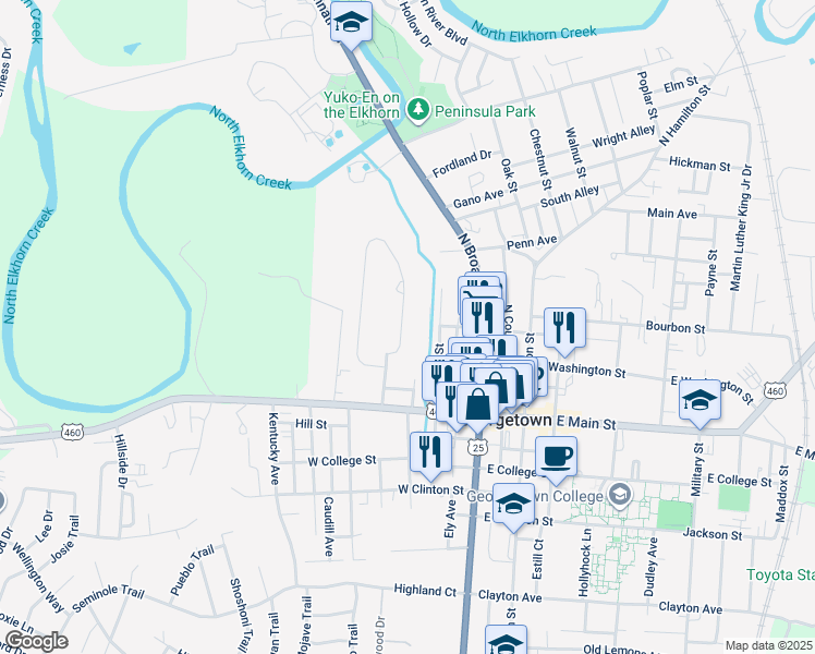 map of restaurants, bars, coffee shops, grocery stores, and more near 206 Quail Run Drive in Georgetown
